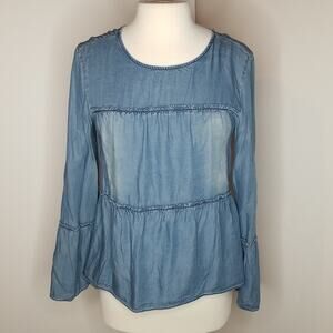 Francesca’s Womens Medium Blue Chambray Peplum Bell Sleeve Top Tencel GWT-2988